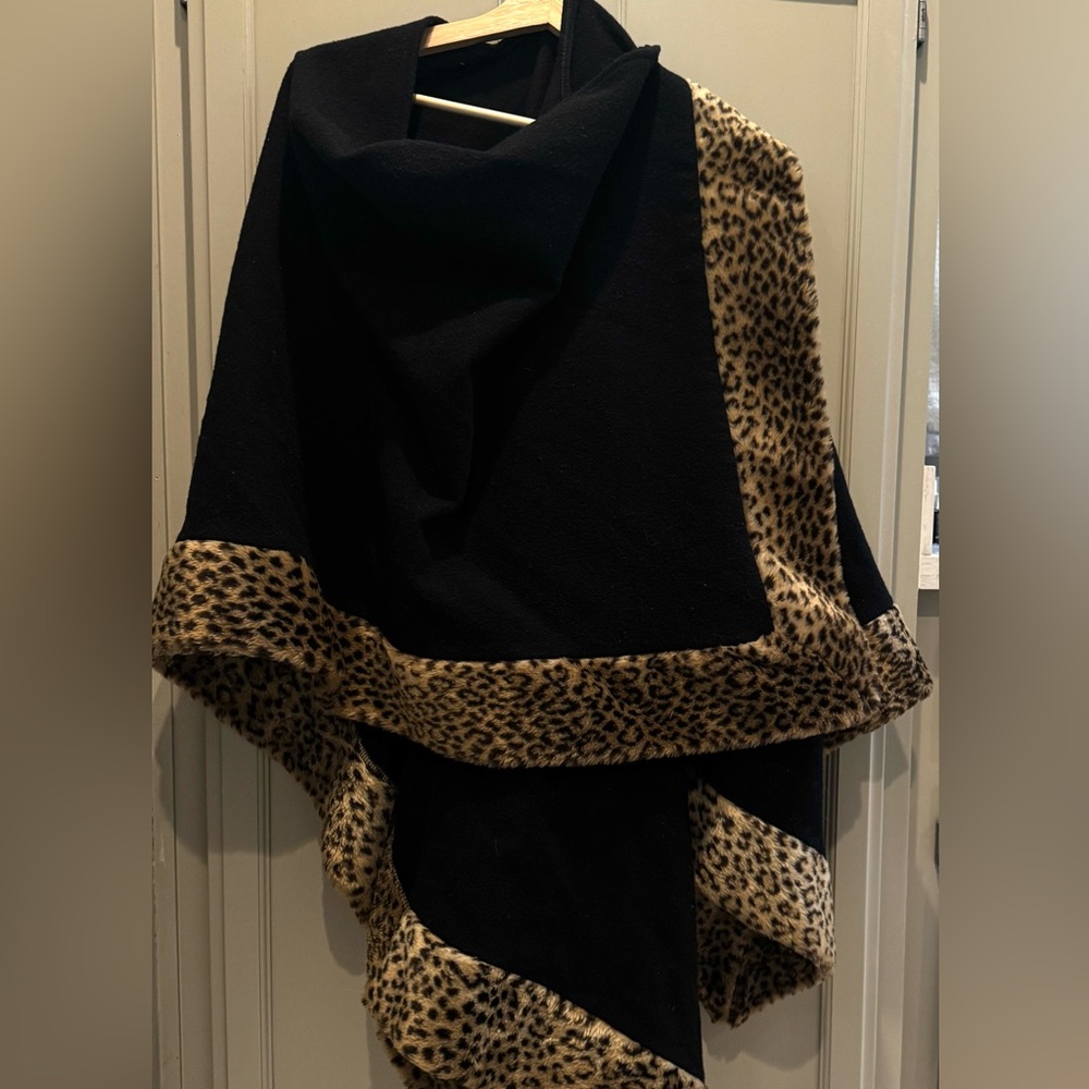 Black Shawl/cape. Wool with Leopard Print Trim. Stylish and very warm.